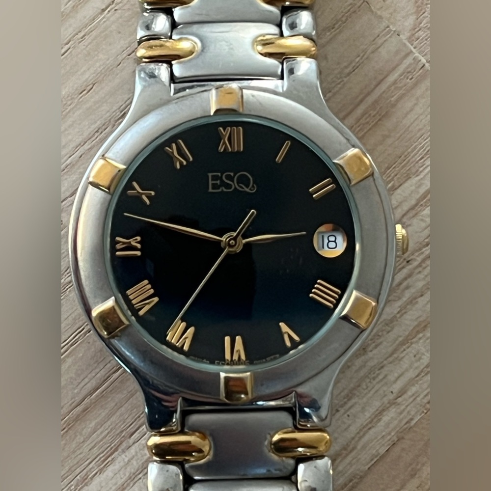 ESQ by Movado Rare Black Dial Watch Two-Tone Bracelet Date Window New Crystal